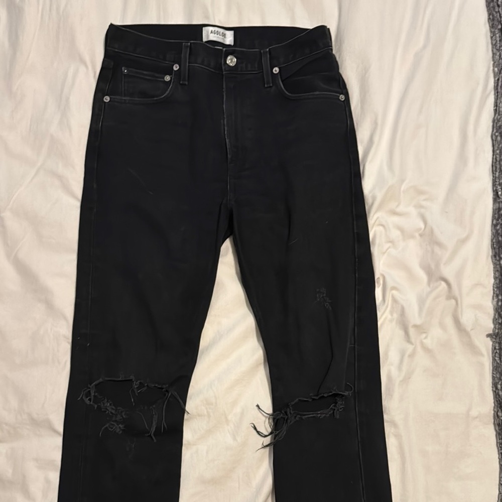 Agolde Black Boot Cut Jeans with Modern Distressing